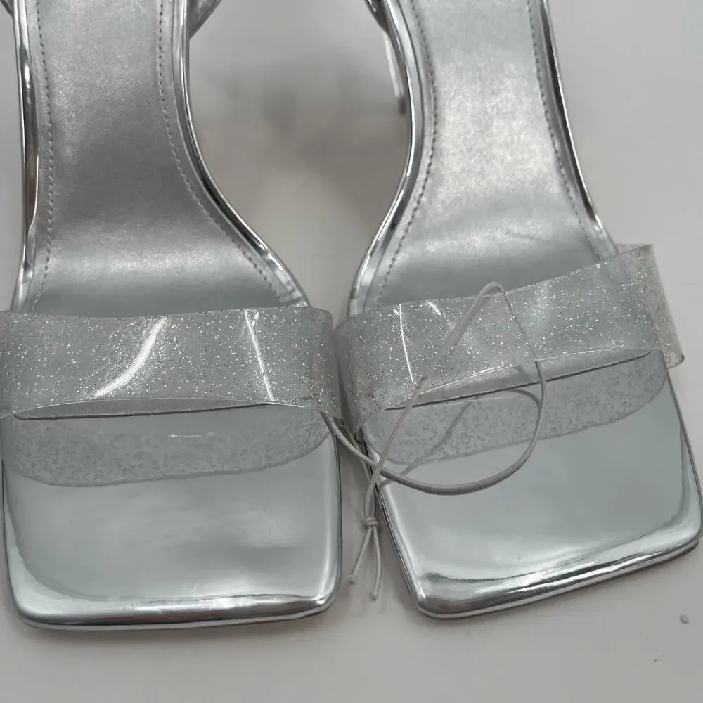 MARC FISHER Heels Breta Size 9.5 Chrome Silver Clear Sparkle Prom Homecoming